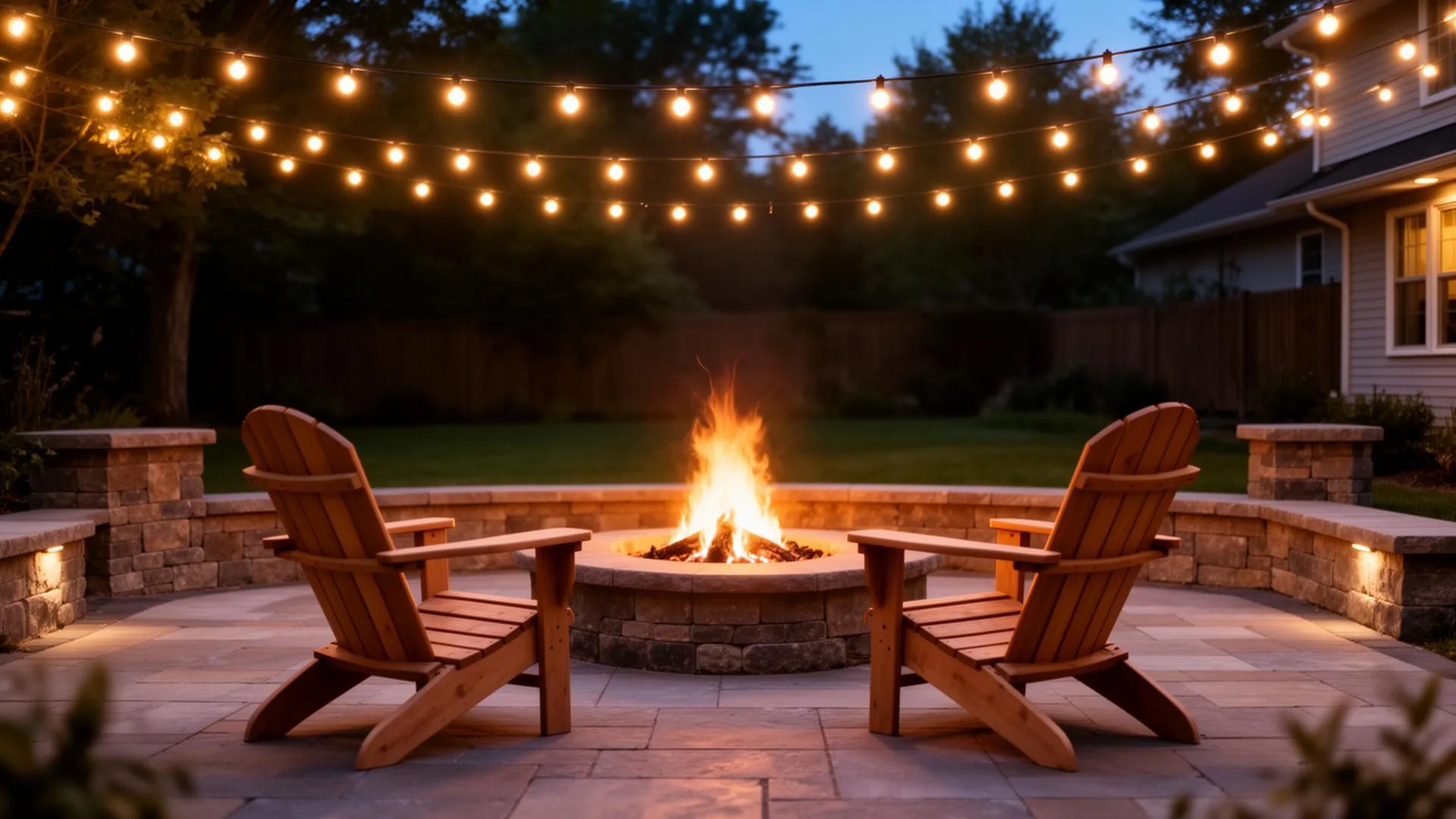 Twilight backyard patio with glowing fire pit and string lights